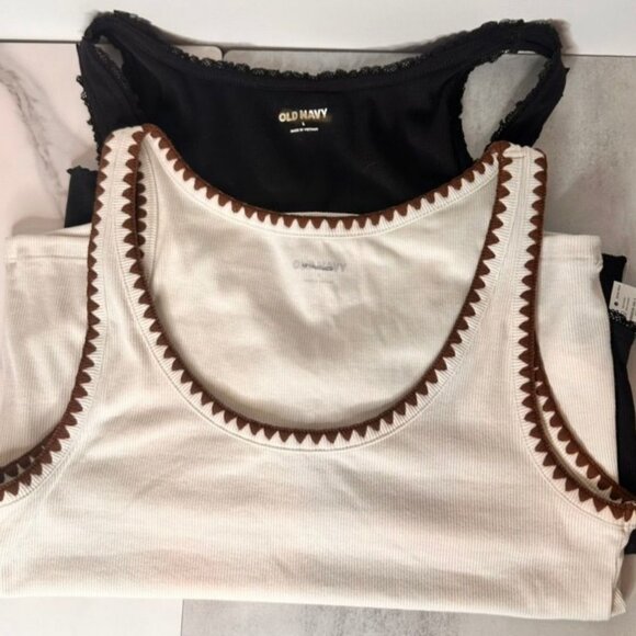 NEW lot of 2 Old Navy Womens Ribbed Tank Tops L Black Beige Boho Basic - Picture 1 of 12